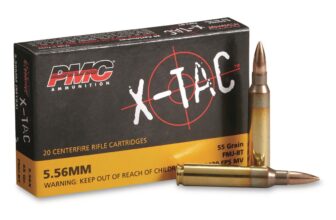PMC X-TAC 5.56mm ammunition box with cartridges, featuring 55 grain FMJ-BT for optimal performance and precision shooting.
