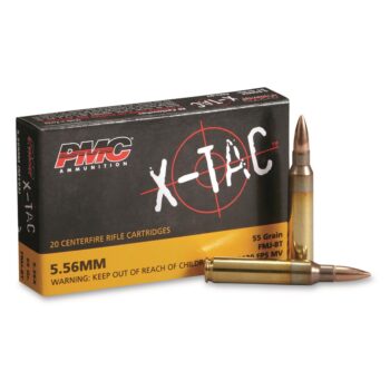 PMC X-TAC 5.56mm ammunition box with cartridges, featuring 55 grain FMJ-BT for optimal performance and precision shooting.