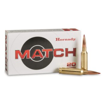 Hornady Match ammunition box with two cartridges, ideal for precision shooting, labeled with 20 cartridges.