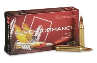 Alt text: Hornady Superformance ammunition box with cartridges, emphasizing accuracy and reliability in shooting.