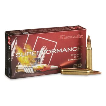 Alt text: Hornady Superformance ammunition box with cartridges, emphasizing accuracy and reliability in shooting.