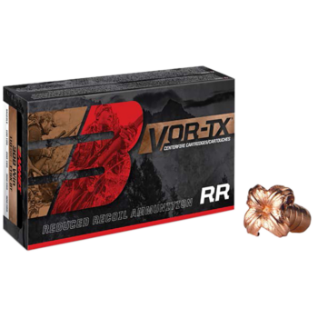 Box of VOR-TX Reduced Recoil Centerfire Ammunition with bullet displayed, ideal for precision shooting and hunting.