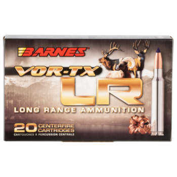 Alt text: Barnes VOR-TX LR long-range ammunition box featuring centerfire cartridges for hunting and shooting performance.