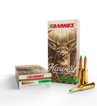 Barnes Harvest Collection 6.5 Creedmoor ammunition with Sierra tipped projectiles, featuring deer-themed packaging.
