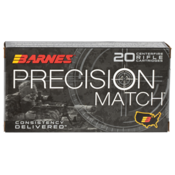 Barnes Precision Match centerfire rifle cartridges box for accurate shooting, featuring 20 rounds and a consistency guarantee.