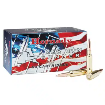 Hornady American Gunner ammunition box with 50 cartridges featuring an American flag design. Perfect for shooting and practice.