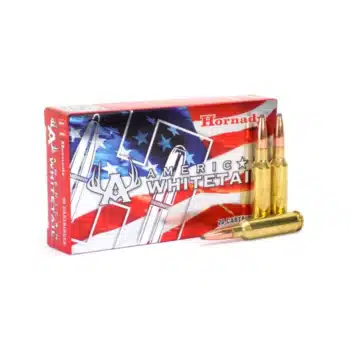 Hornady American Whitetail ammunition box with three cartridges on a background featuring a patriotic design.