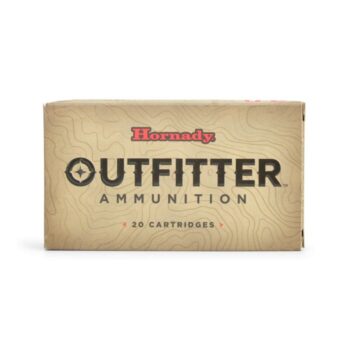 Hornady Outfitter ammunition box containing 20 cartridges, featuring a rugged design ideal for outdoor enthusiasts.