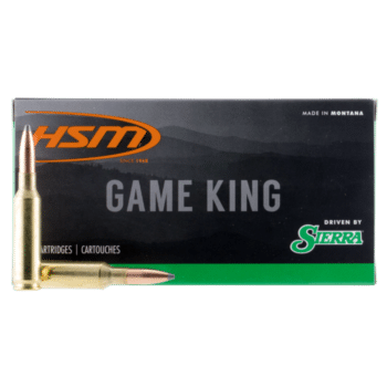 Alt text: Box of HSM Game King cartridges with two visible bullets, highlighting quality hunting ammunition from Montana.