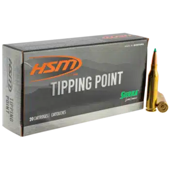 HSM Tipping Point ammunition box with 20 cartridges, featuring Sierra bullets, designed for precision shooting.