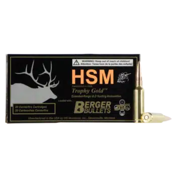 HSM Trophy Gold hunting ammunition box featuring Berger Bullets, designed for extended-range performance.