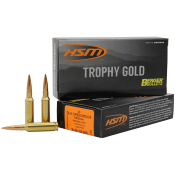 HSM Trophy Gold 6.5 Creedmoor ammo box with two bullets, perfect for precision hunting.