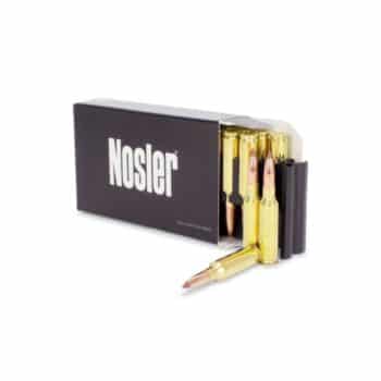 Nosler ammunition box with brass cartridges, ideal for hunting and shooting enthusiasts.