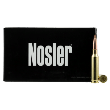 Nosler ammunition box with a single cartridge, showcasing premium quality for hunting and shooting enthusiasts.
