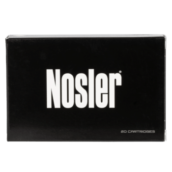 Nosler cartridge box featuring bold branding and label, holding 20 high-quality cartridges for precision shooting.