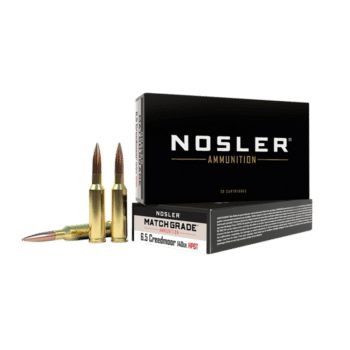Box of Nosler Match Grade 6.5 Creedmoor ammunition with two cartridges displayed, ideal for precision shooting.