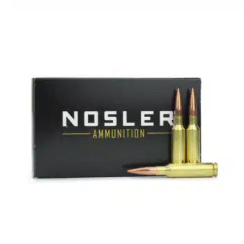 Alt text: Nosler ammunition box featuring three cartridges, ideal for hunting and shooting enthusiasts.