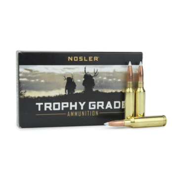 Nosler Trophy Grade ammunition box and cartridges, designed for high-performance hunting.
