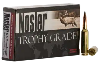 Nosler Trophy Grade ammunition box featuring 20 cartridges for 6.5 Creedmoor, ideal for long-range hunting.