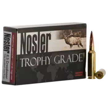 Nosler Trophy Grade ammunition box featuring 20 cartridges for 6.5 Creedmoor, ideal for long-range hunting.