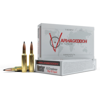 Nosler Varmageddon 6.5 Creedmoor ammunition box with two cartridges, designed for varmint hunting.