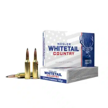 NOSLER Whitetail Country 6.5mm Creedmoor cartridges with box and bullets, designed for hunting precision and performance.