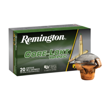 Remington Core-Lokt Tipped cartridges, featuring 20 centerfire rifle rounds for reliable performance and precision shooting.