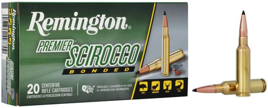 Remington Premier Scirocco bonded centerfire rifle cartridges, 20 count, designed for hunting big game.