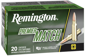 Remington Premier Match centerfire rifle cartridges packaging with bullets, designed for precision shooting and accuracy.