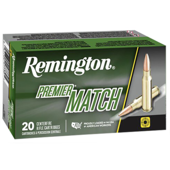 Remington Premier Match centerfire rifle cartridges packaging with bullets, designed for precision shooting and accuracy.