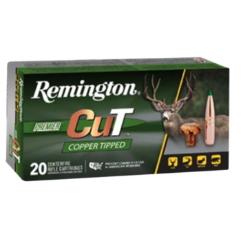 Remington Premier CuT Copper Tipped ammunition box featuring a deer graphic and details about bullet specifications.