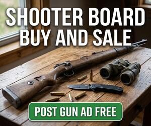 Vintage rifle and binoculars on a table with a Shooter Board Buy and Sale banner promoting free gun ads.