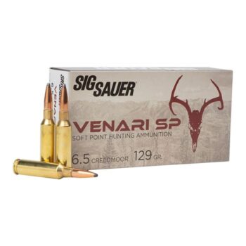 Alt text: Box of SIG Sauer Venari SP soft point hunting ammunition, 6.5 Creedmoor caliber, featuring two cartridges.