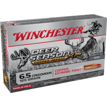 Winchester Deer Season XP 6.5 Creedmoor ammunition box featuring Copper Extreme Point for deer hunting. 20 rounds included.