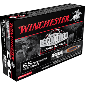 Winchester Expedition Long Range ammunition box, featuring 6.5 Creedmoor, 142 grain, designed for big game hunting.