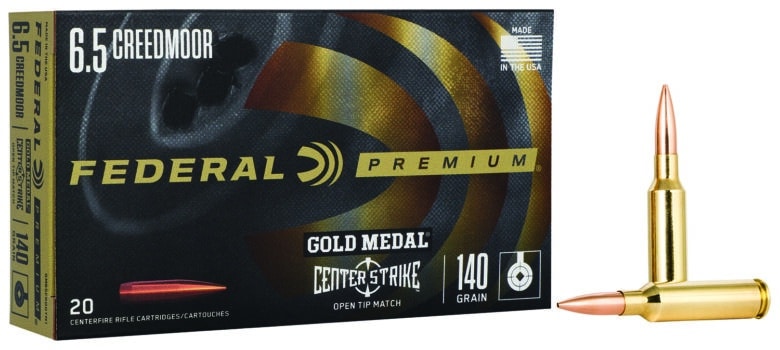 Alt text: Box of Federal Premium 6.5 Creedmoor Gold Medal Center Strike cartridges with two bullets displayed.