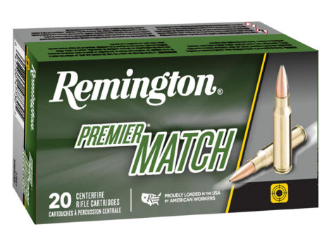 Box of Remington Premier Match centerfire rifle cartridges, containing 20 quality rounds, proudly made in the USA.
