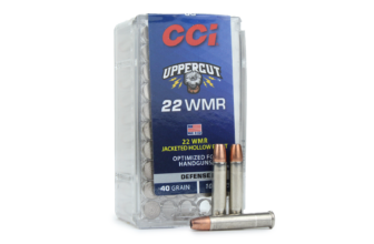Alt text: Box of CCI Uppercut 22 WMR ammunition with 40-grain jacketed hollow point bullets, optimized for handguns.