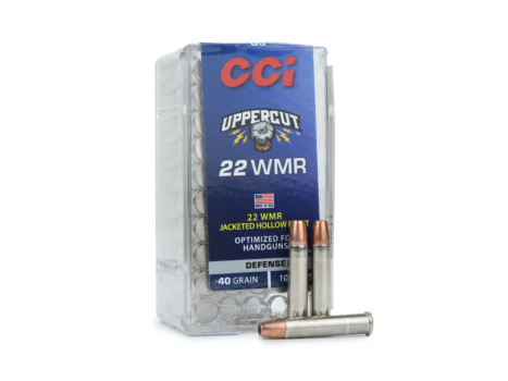 Alt text: Box of CCI Uppercut 22 WMR ammunition with 40-grain jacketed hollow point bullets, optimized for handguns.
