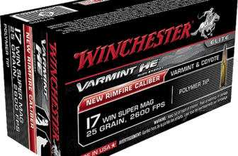 Winchester Varmint HE rimfire ammunition box for varmint and coyote hunting, 17 Win Super Mag, 25 grain, 2600 fps.