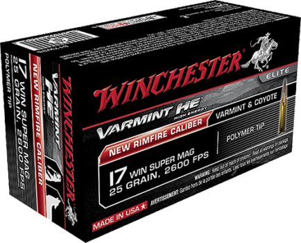 Winchester Varmint HE rimfire ammunition box for varmint and coyote hunting, 17 Win Super Mag, 25 grain, 2600 fps.