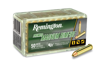 Remington Premier Magnum Rimfire ammunition box with 50 rimfire cartridges, showcasing reliability and quality.