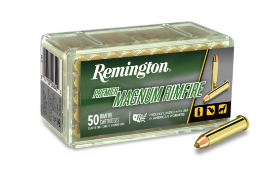 Remington Premier Magnum Rimfire ammunition box with 50 rimfire cartridges, showcasing reliability and quality.