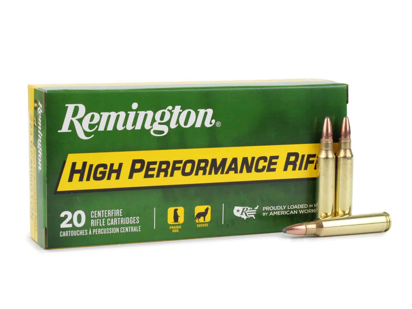 Remington High Performance Rifle cartridges packaging with two cartridges displayed beside it, ideal for hunting and target shooting.