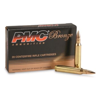 Box of PMC Bronze ammunition featuring 20 centerfire rifle cartridges, ideal for target practice and shooting sports.