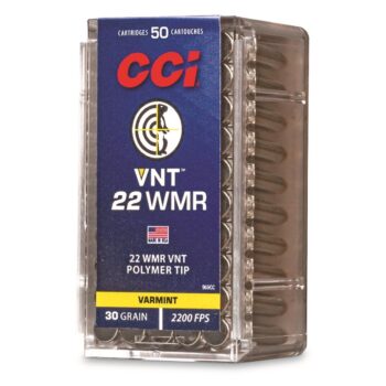 CCI VNT 22 WMR polymer tip cartridges in a 50-count box, designed for varmint hunting and high-velocity performance.