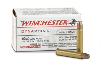 “Winchester DynaPoint .22 Win Mag ammunition box with two hollow point bullets for small game hunting.”