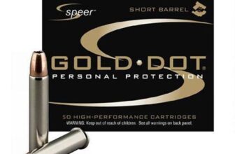 Speer Gold Dot Personal Protection ammunition box with two cartridges, designed for short barrel firearms.