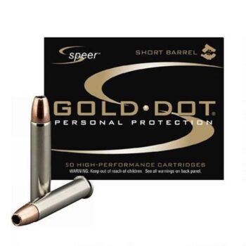 Speer Gold Dot Personal Protection ammunition box with two cartridges, designed for short barrel firearms.