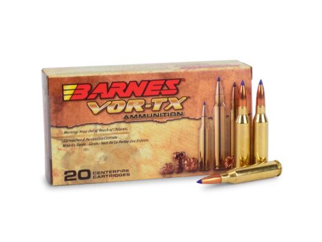 Barnes VOR-TX ammunition box with 20 centerfire cartridges, featuring blue-tipped bullets for enhanced accuracy and performance.